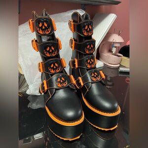 Black and Orange Platform Buckle Boots